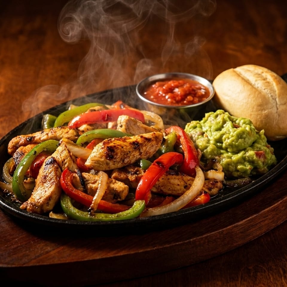 Sizzling chicken fajitas with colorful peppers and onions, served with guacamole, salsa, and a roll.