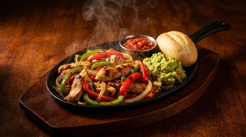 Sizzling chicken fajitas with colorful peppers and onions, served with guacamole, salsa, and a roll.