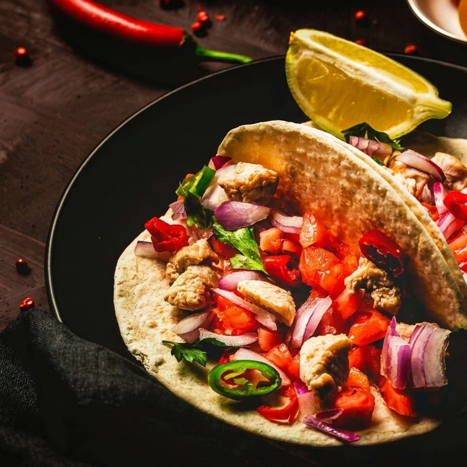 Two chicken tacos filled with tomatoes, red onions, and peppers, served with a lime wedge on a dark plate.