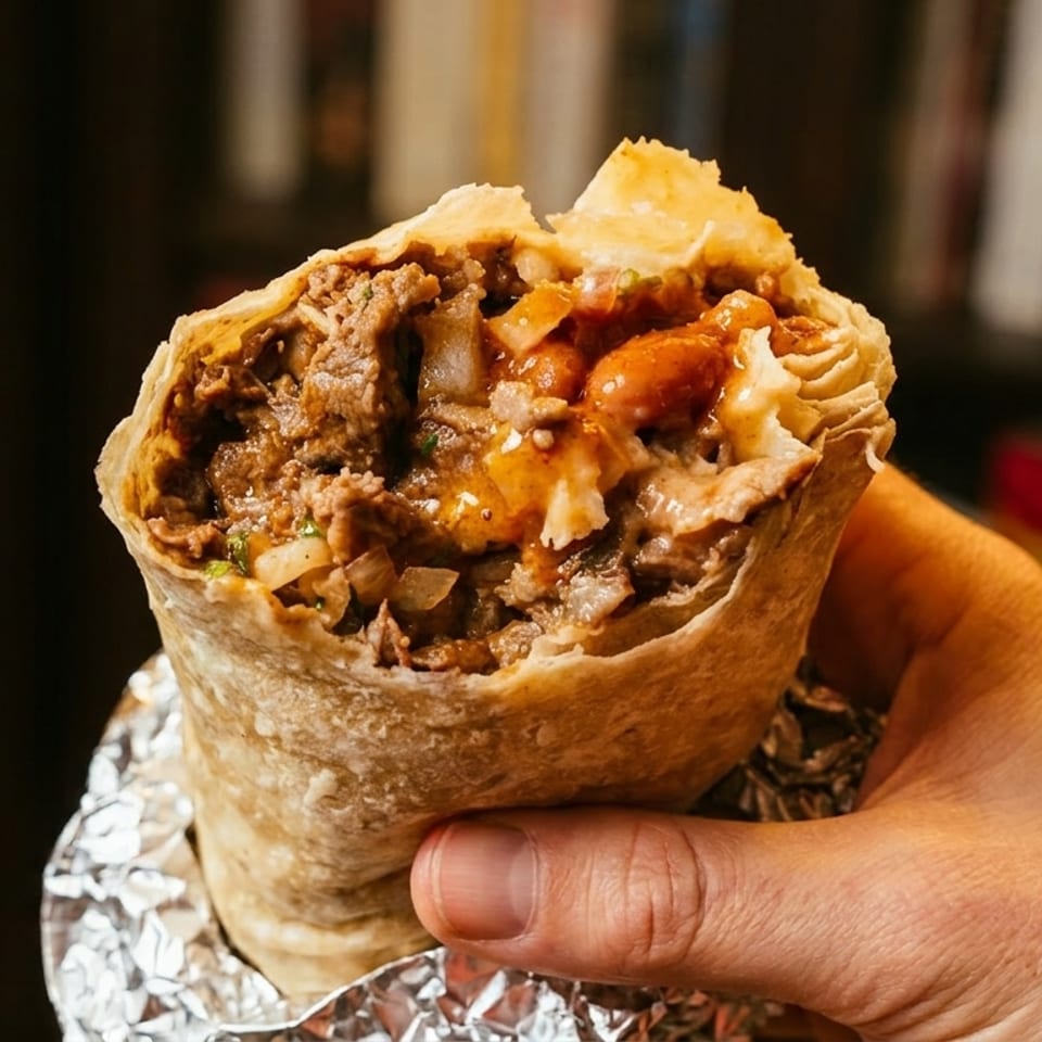 Hand holding a large, delicious burrito filled with meat, beans, and sauce, wrapped in foil.