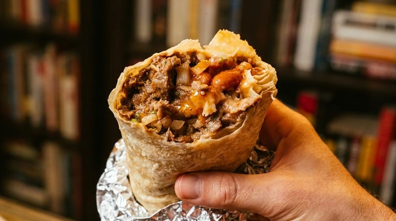 Hand holding a large, delicious burrito filled with meat, beans, and sauce, wrapped in foil.
