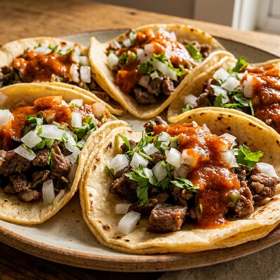 Five street tacos with meat, salsa, cilantro, and diced onions on a rustic plate.