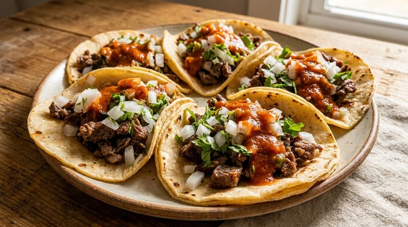 Five street tacos with meat, salsa, cilantro, and diced onions on a rustic plate.