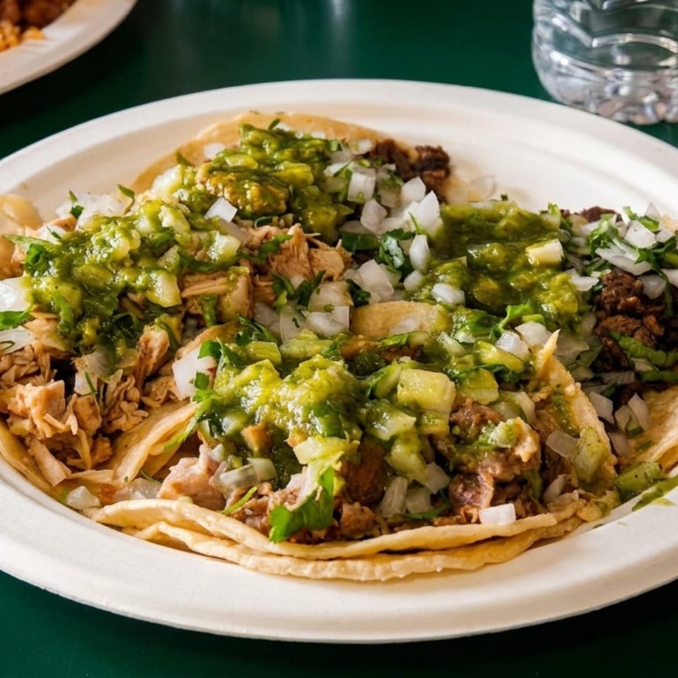 Several street tacos with various meats, green salsa, and diced onions on a white plate.