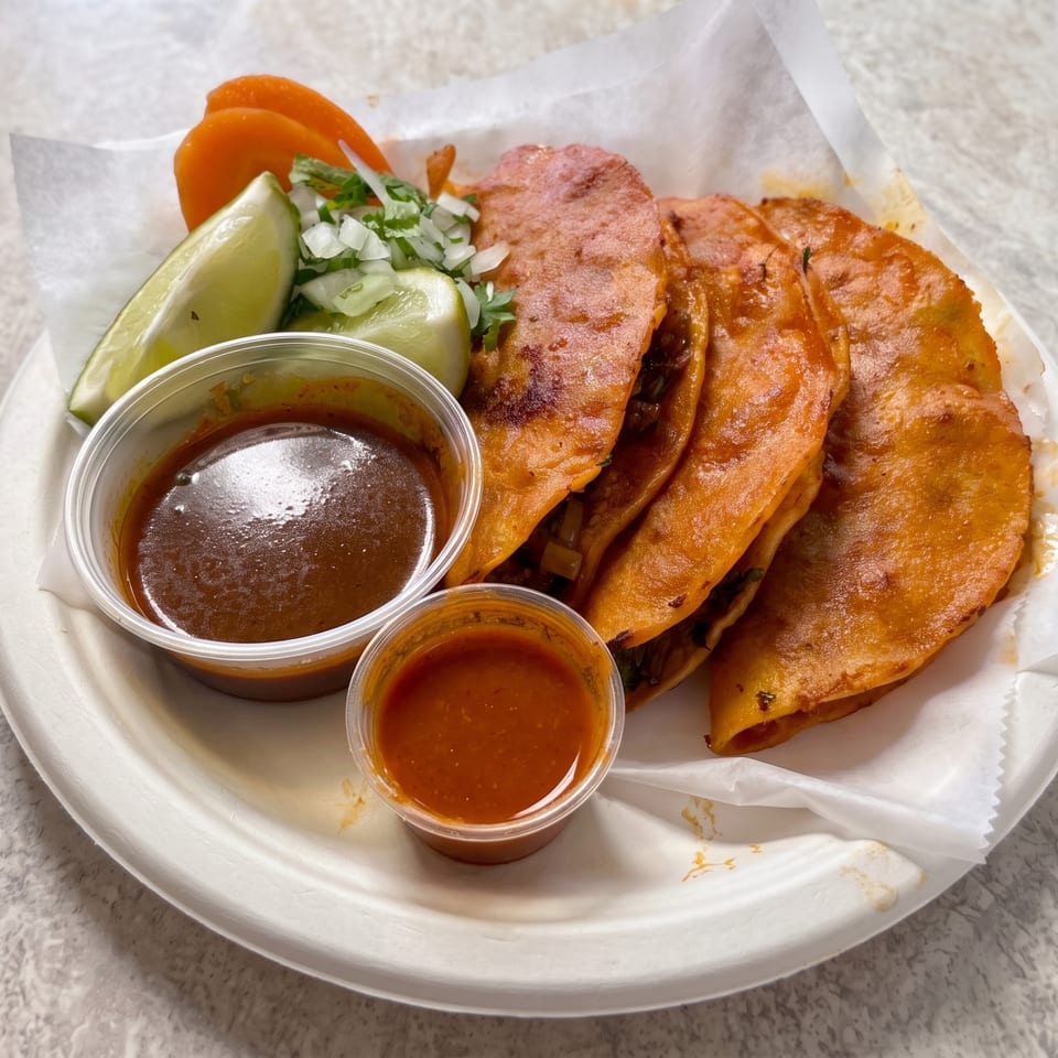 Four birria tacos with two dipping sauces, lime, onions, cilantro, and pickled carrots on a paper plate.