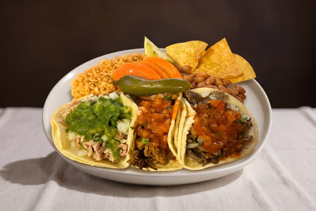 3 Tacos Special Con Arroz Y Frijoles.